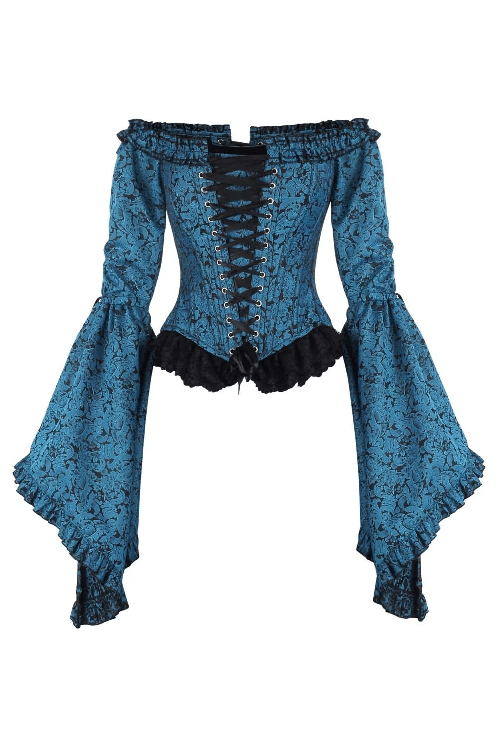Romantic Gothic Off Shoulder Corset with Bell Sleeves in midnight turquoise with black ruffle trim and bell sleeves.