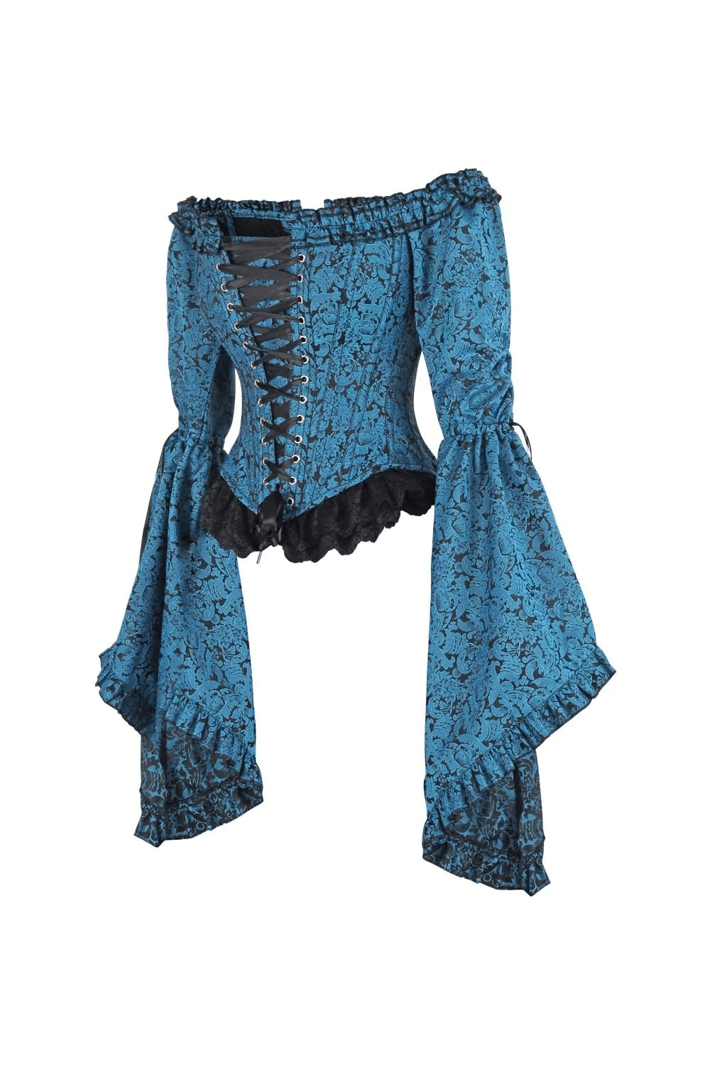 Romantic Gothic Off Shoulder Corset with Bell Sleeves in midnight turquoise with ruffle trim and flowing bell sleeves.