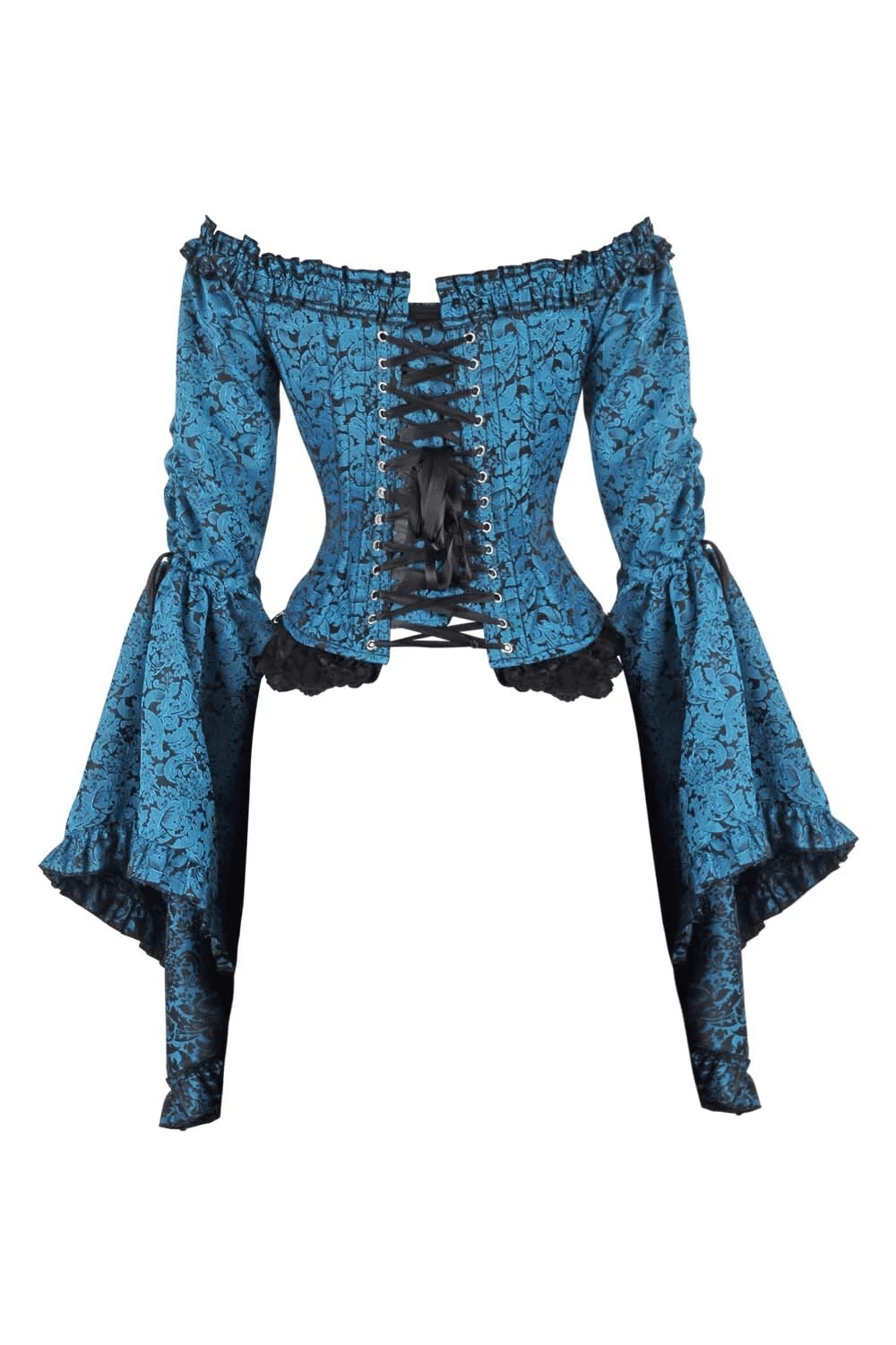 Romantic Gothic Off Shoulder Corset with Bell Sleeves showcasing midnight turquoise fabric and dramatic bell sleeves.