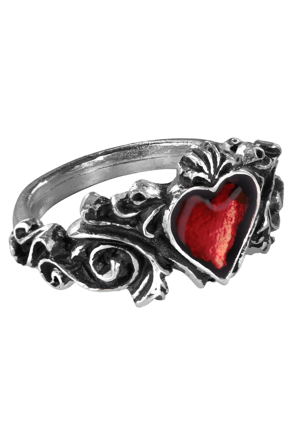 Romantic Gothic ring featuring a red heart and floral pewter design, symbolizing love and commitment in elegant style.