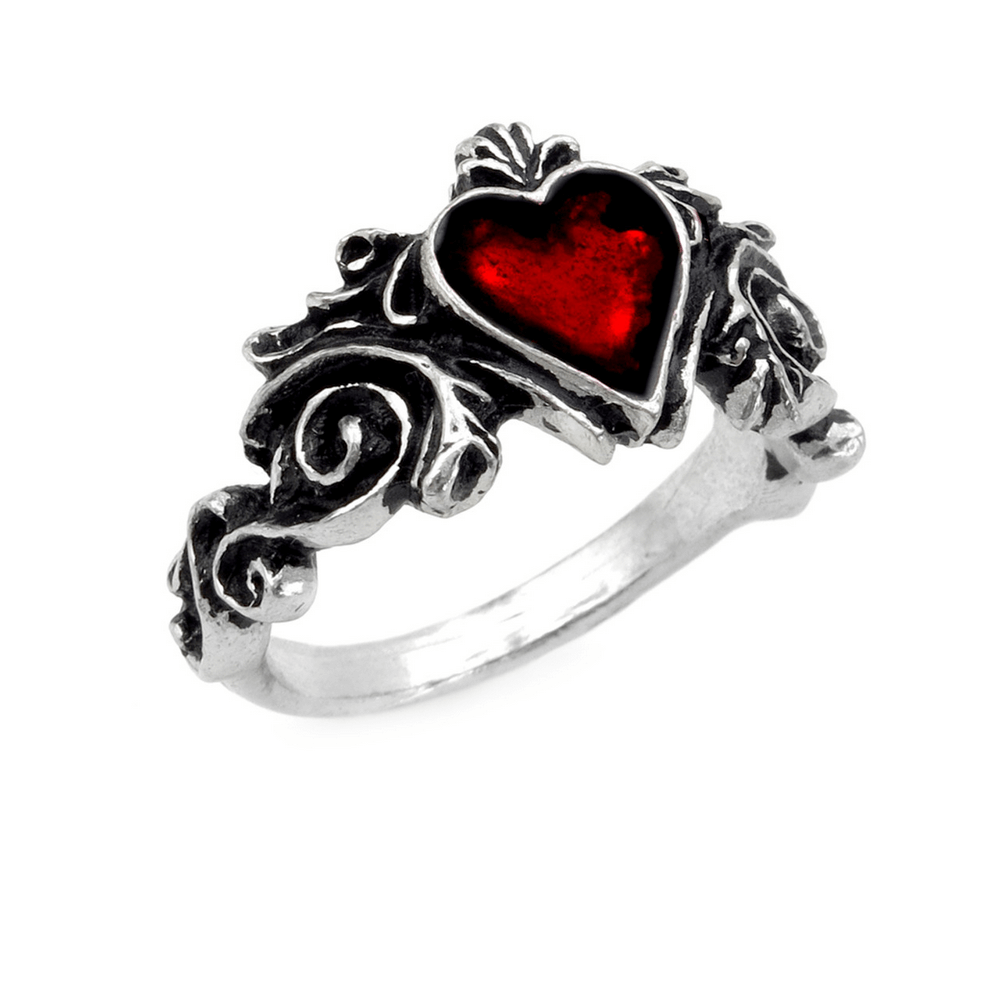 Gothic ring with a red heart and floral design in fine pewter, symbolizing love and romance.