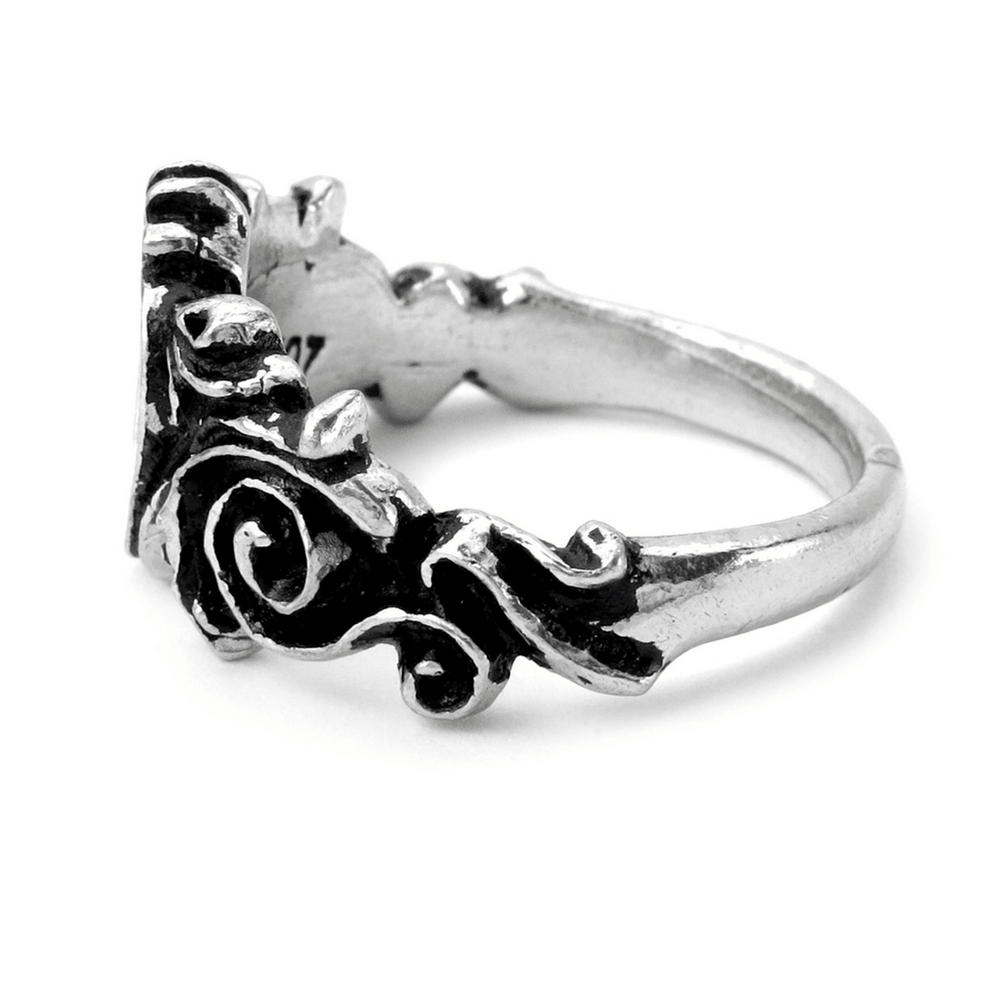 Romantic Gothic ring with intricate floral design in fine pewter, featuring a unique rococo style.