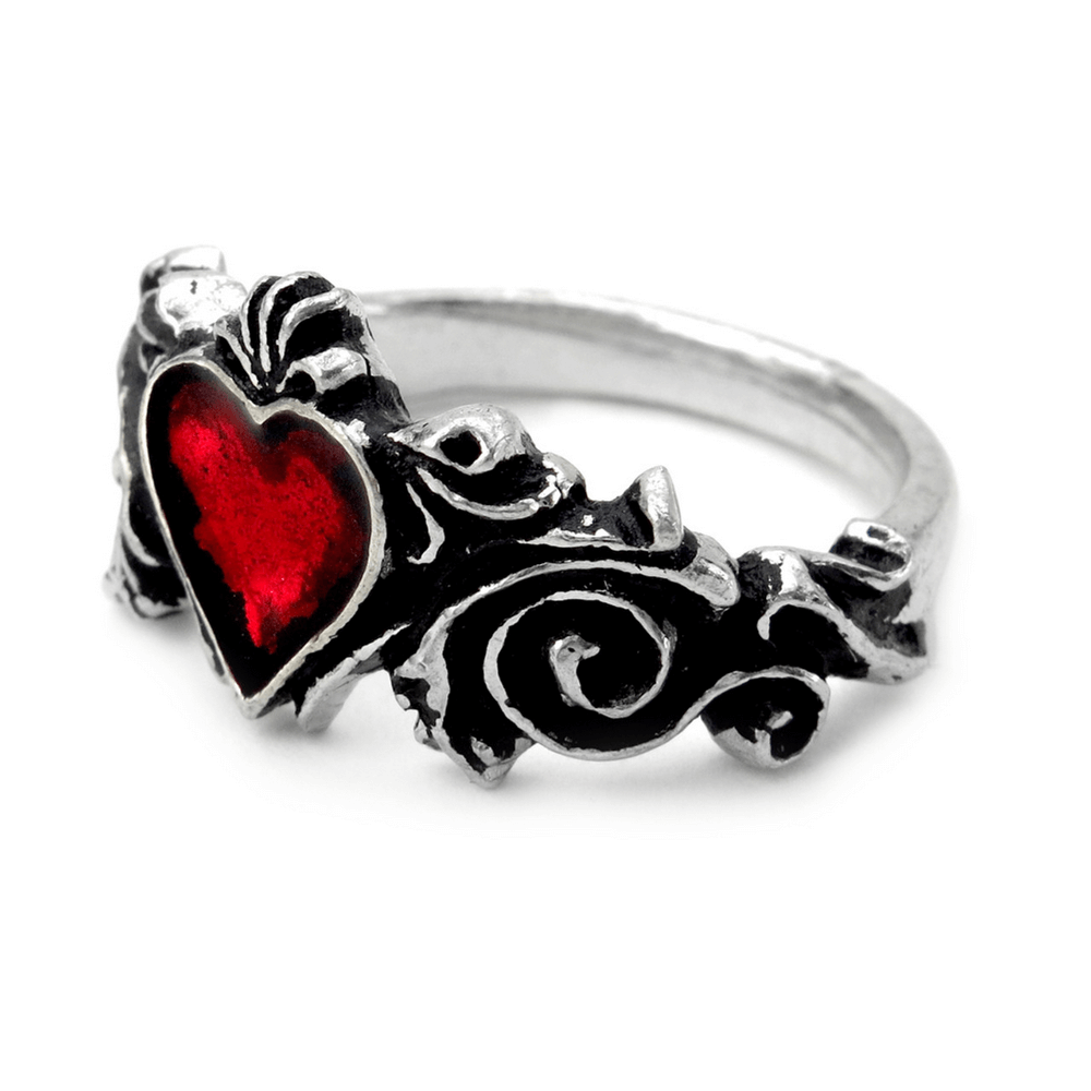 Romantic Gothic ring with a red heart centerpiece and elegant floral pewter detailing.