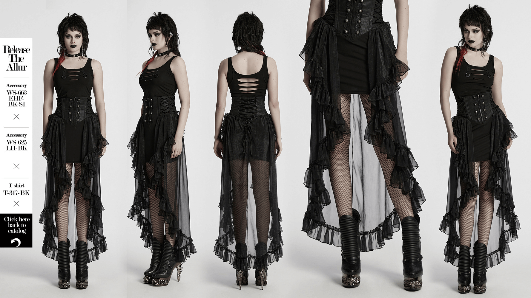 Romantic high waist gothic mesh skirt with lace trim and ruffle layers showcasing dramatic flow and adjustable fit.