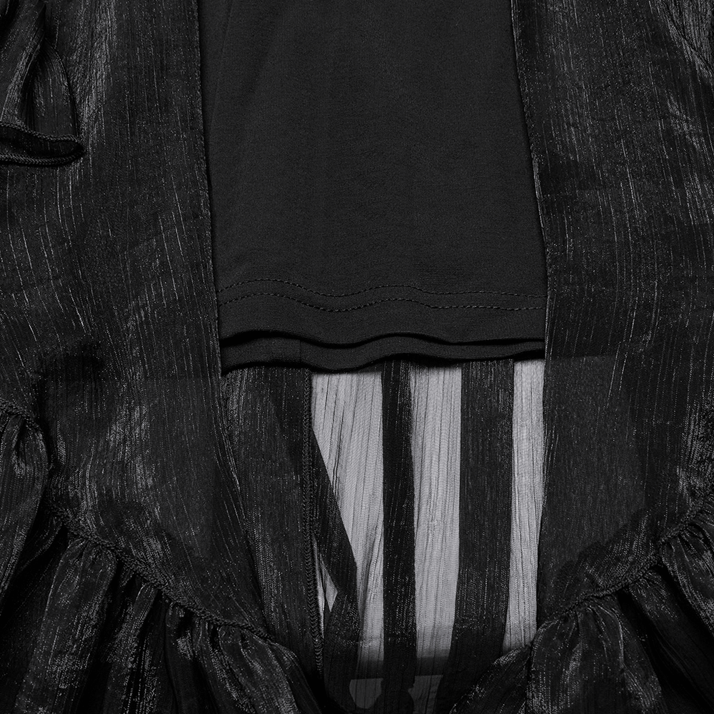 Close-up of black high waist gothic mesh skirt showcasing ruffle layers and lace trim for a romantic vibe.