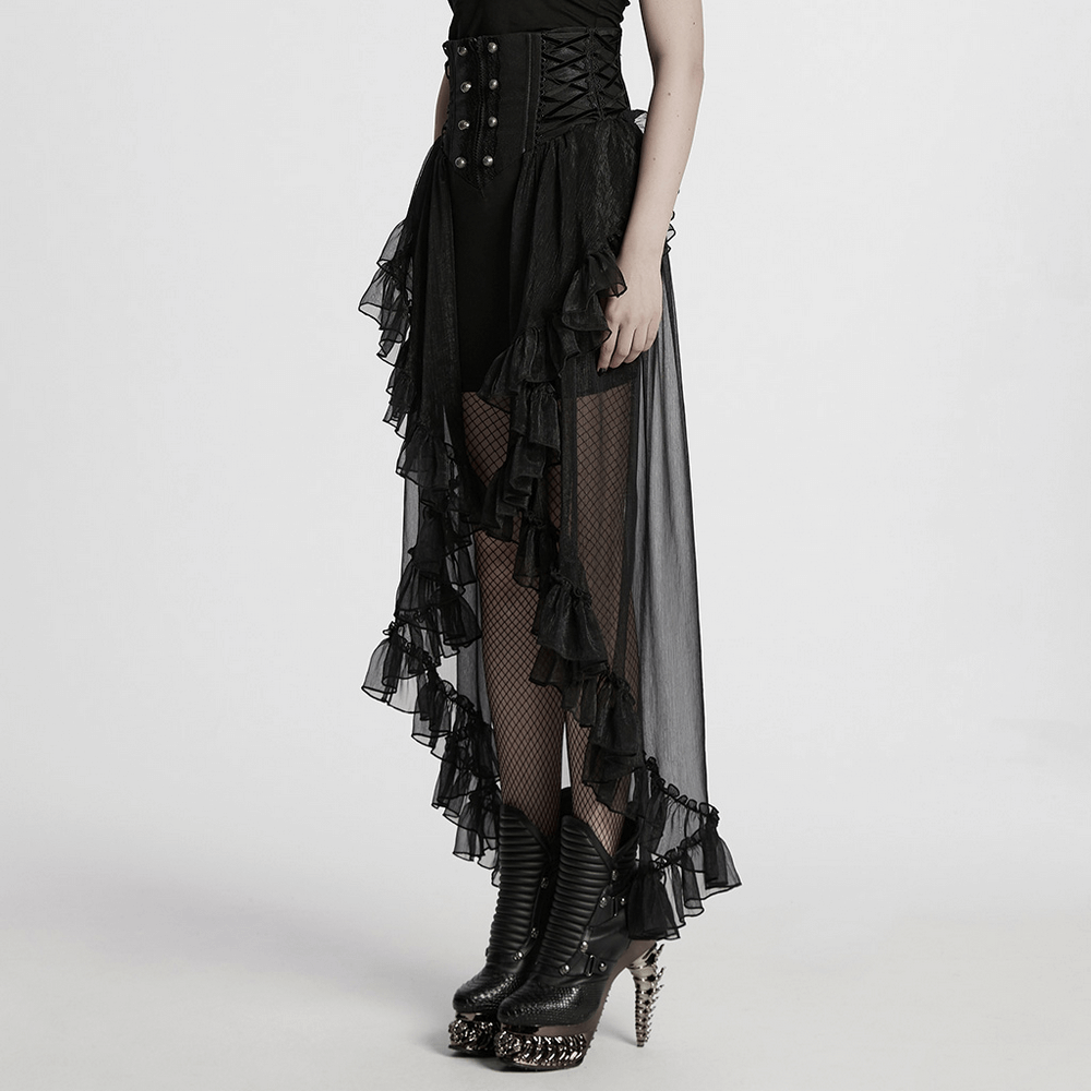 Romantic Gothic high waist mesh skirt with ruffle layers, lace trim, and adjustable drawstrings for a dramatic silhouette.