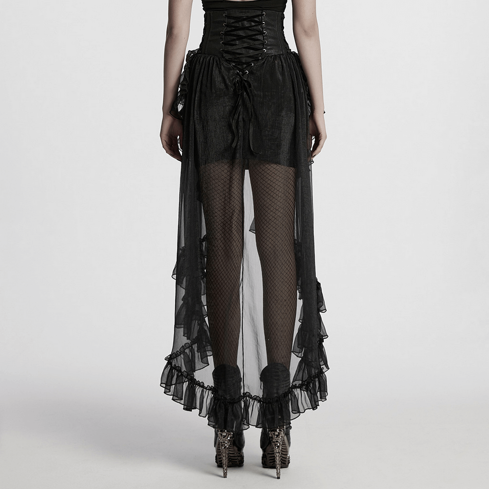 Back view of a Romantic High Waist Gothic Mesh Skirt with Ruffles, showcasing lace trim and adjustable drawstrings.