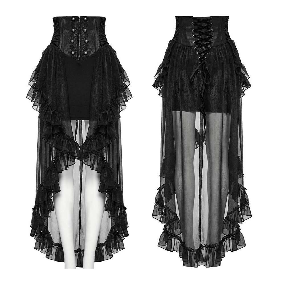 Romantic high waist gothic mesh skirt with ruffle layers and lace details, featuring a cinching waist design and adjustable drawstring.