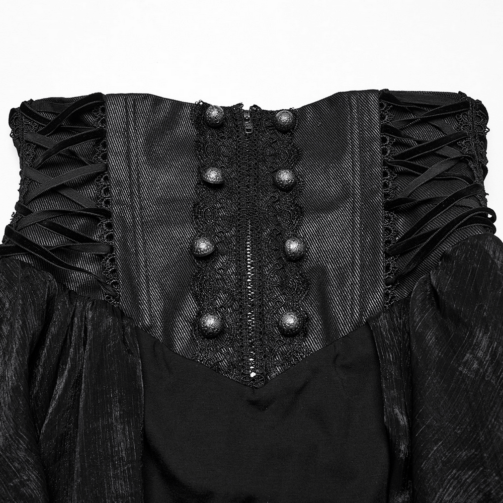 Back view of a gothic romantic high waist skirt featuring lace trim and elegant button details.