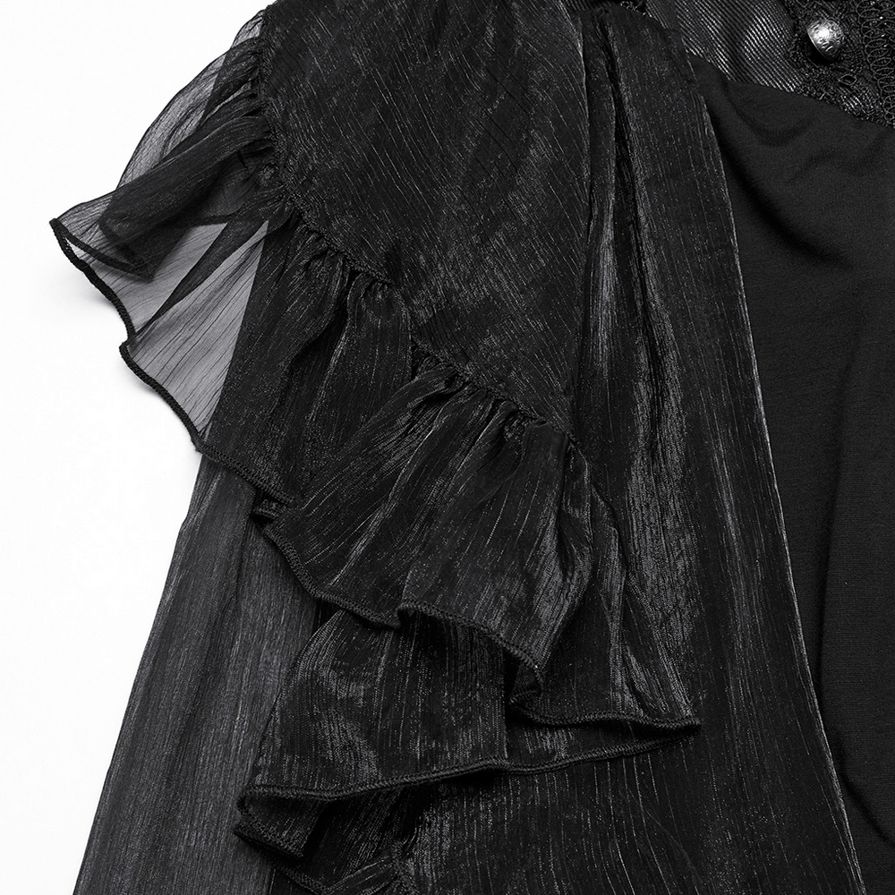 Close-up of the ruffled black chiffon fabric, showcasing elegant texture for a gothic romantic style.