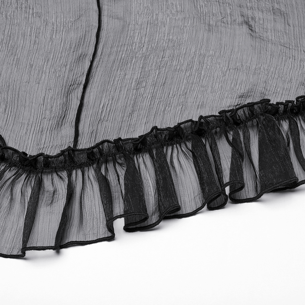 Close-up of gothic mesh skirt ruffle layers, showcasing intricate black chiffon and lace trim details.