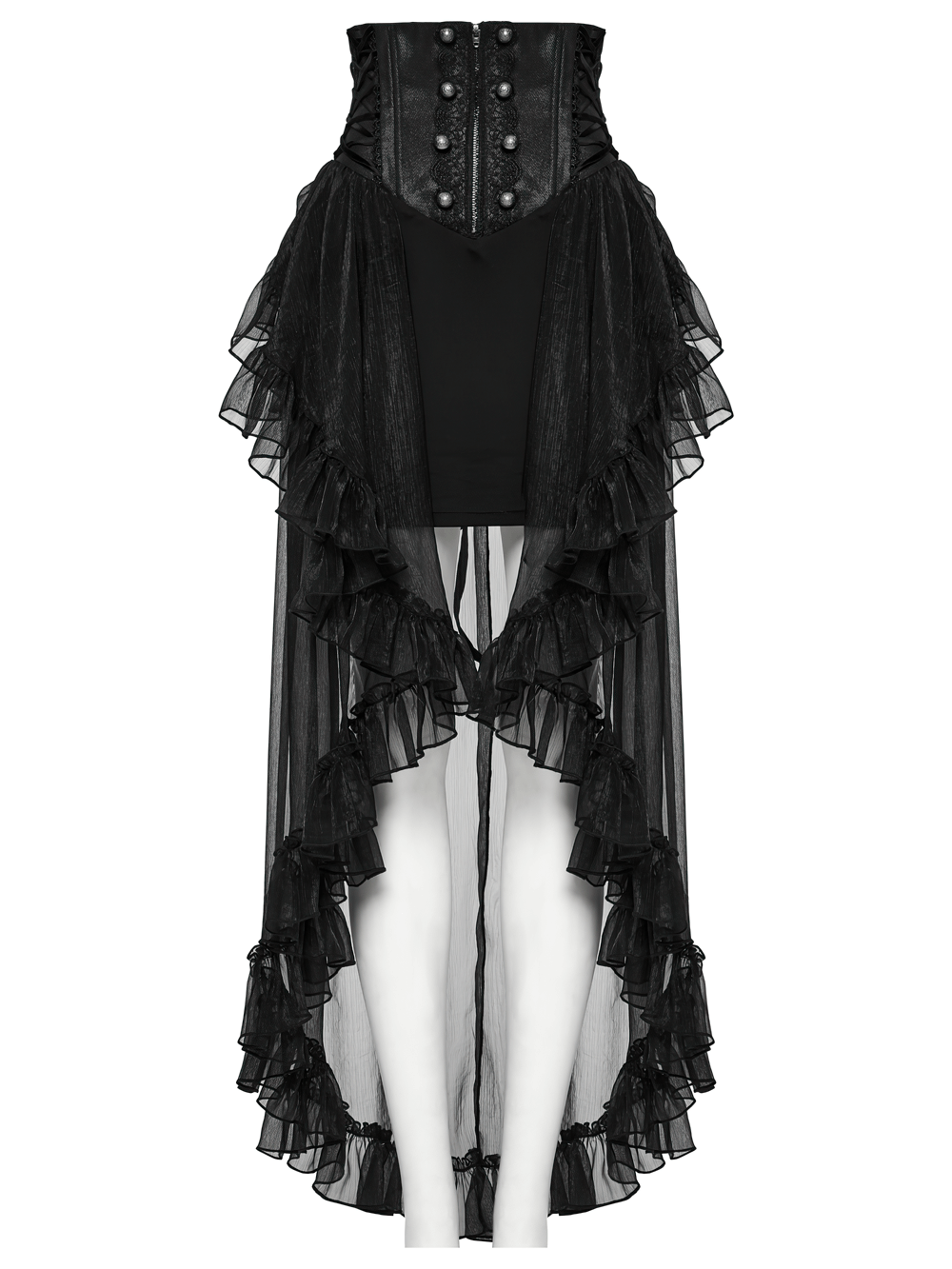 Romantic gothic high waist mesh skirt with ruffle layers and lace trim, featuring button details and side drawstrings.