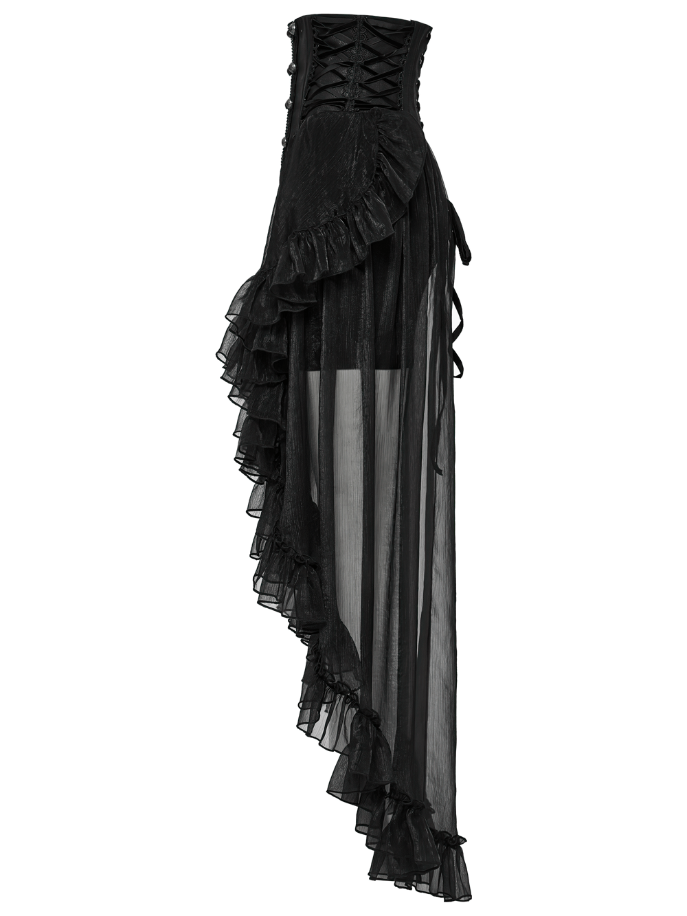 Romantic high waist gothic mesh skirt with ruffle layers and lace trim, perfect for a dramatic gothic look.
