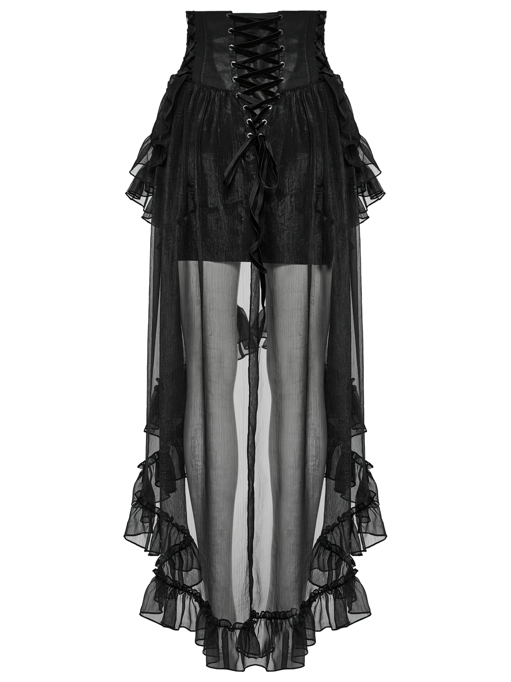 Romantic high waist gothic mesh skirt with ruffle layers, lace trim, and adjustable drawstring for a flowy silhouette.