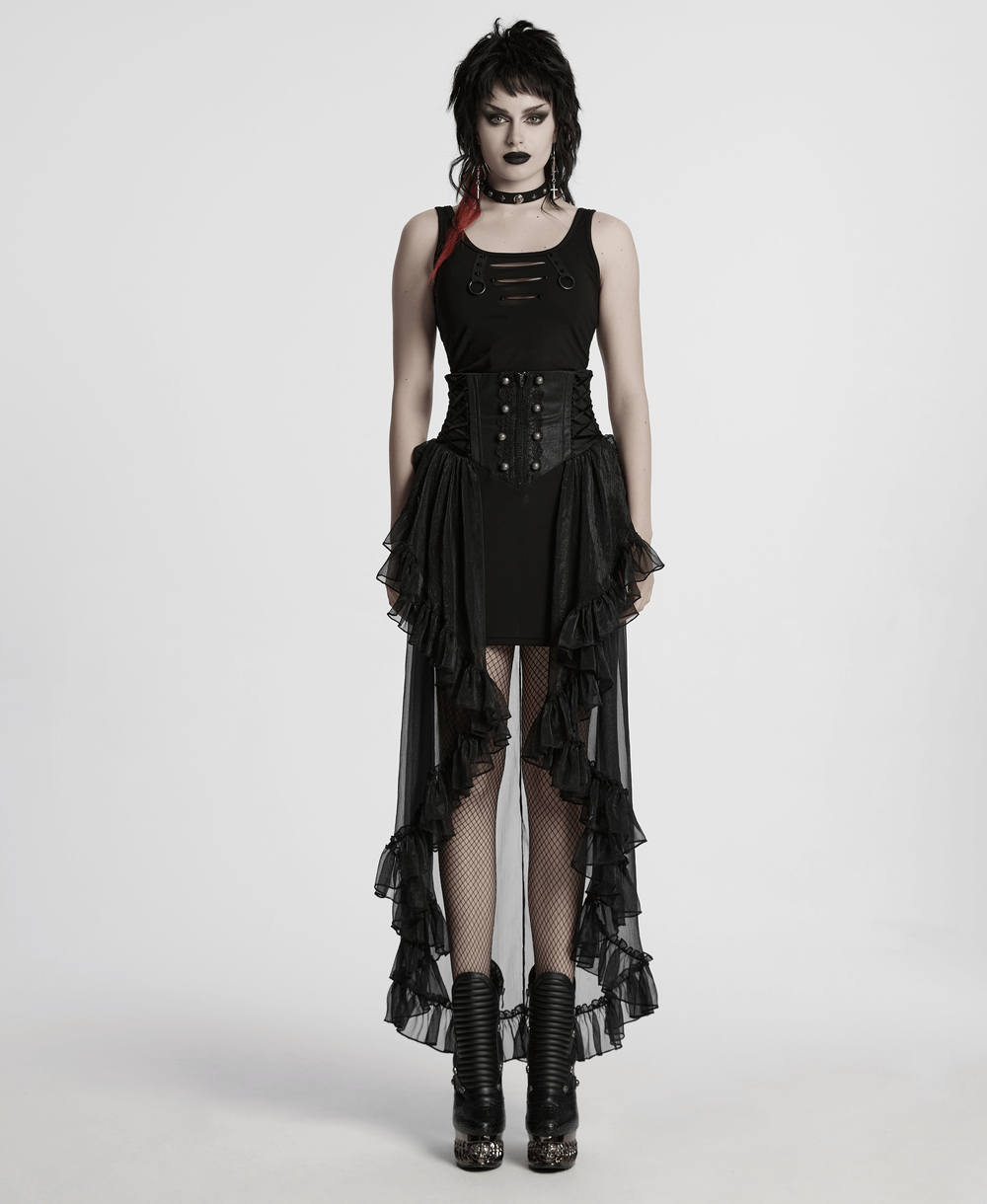 Gothic romantic high waist mesh skirt with ruffle layers, paired with elegant accessories and dramatic silhouette.