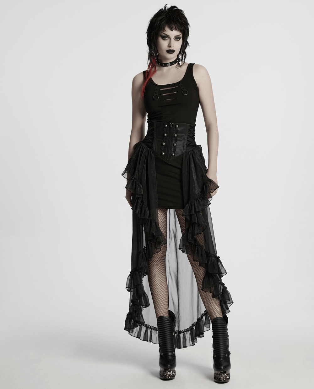 Gothic romantic high waisted mesh skirt with ruffles and lace trim, perfect for a stylish dramatic look.