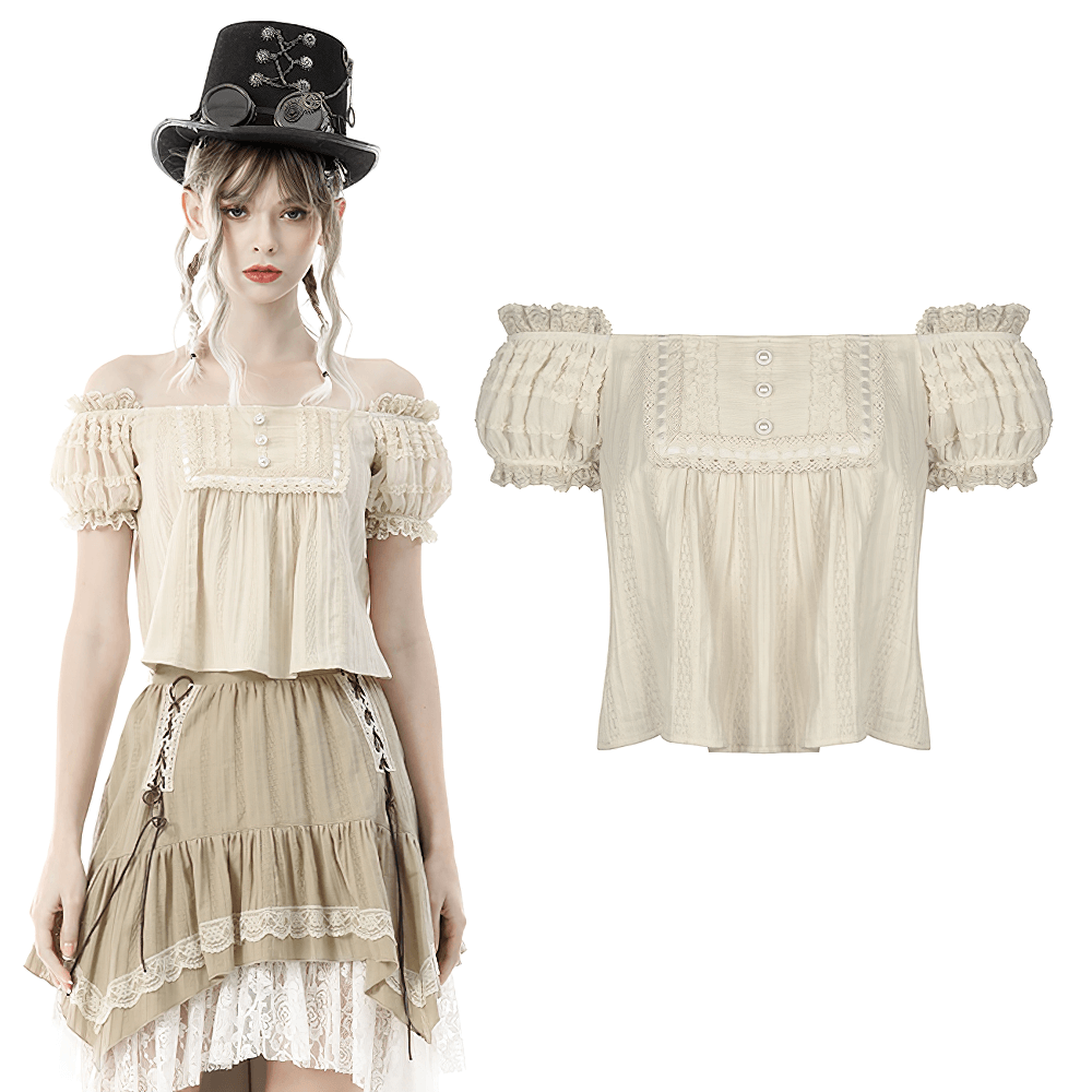 Romantic Lace Trim Off-the-Shoulder Top With Short Sleeves