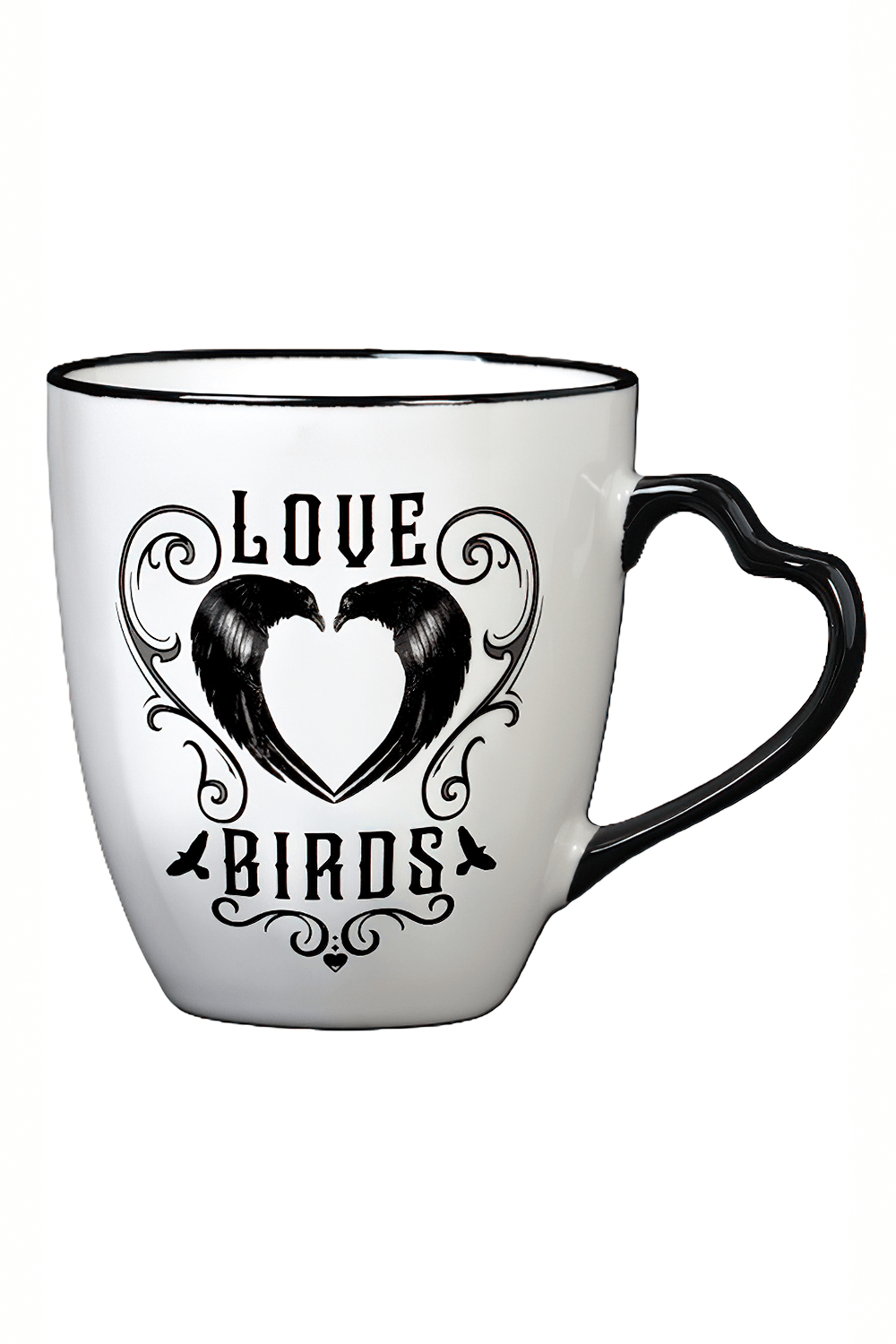 Gothic love birds mug featuring raven art and a heart-shaped handle for a romantic gift.