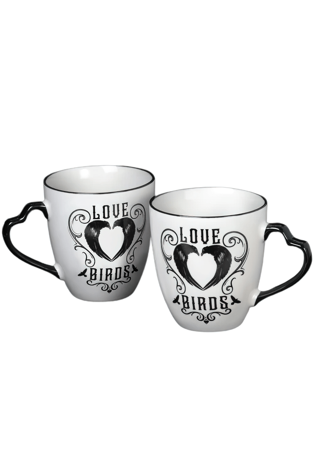 Gothic Love Birds couple mug set featuring raven art and heart-shaped handles, perfect for romantic gifts.