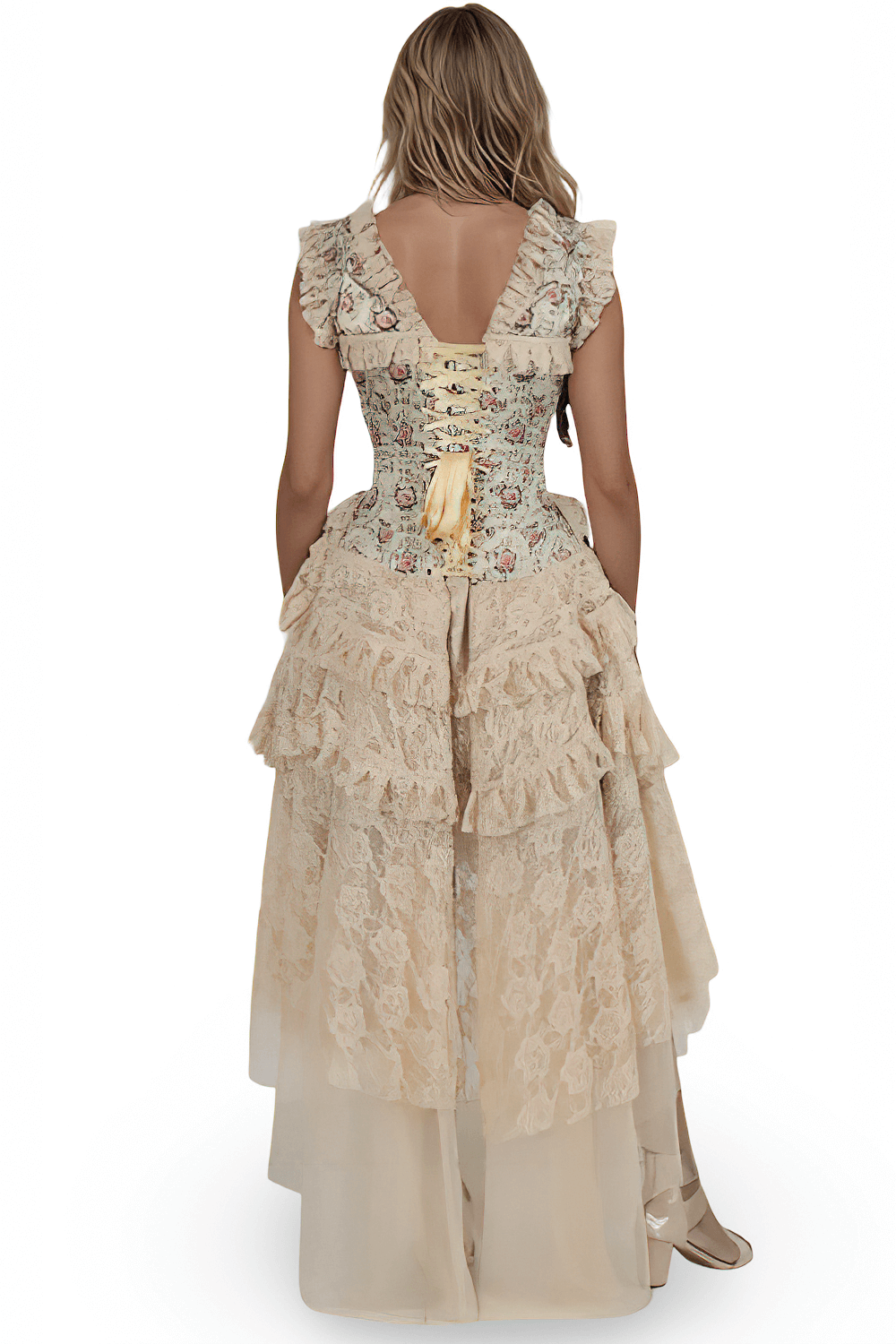 Back view of a romantic Rococo overbust corset dress with lace skirt in soft beige and floral print.