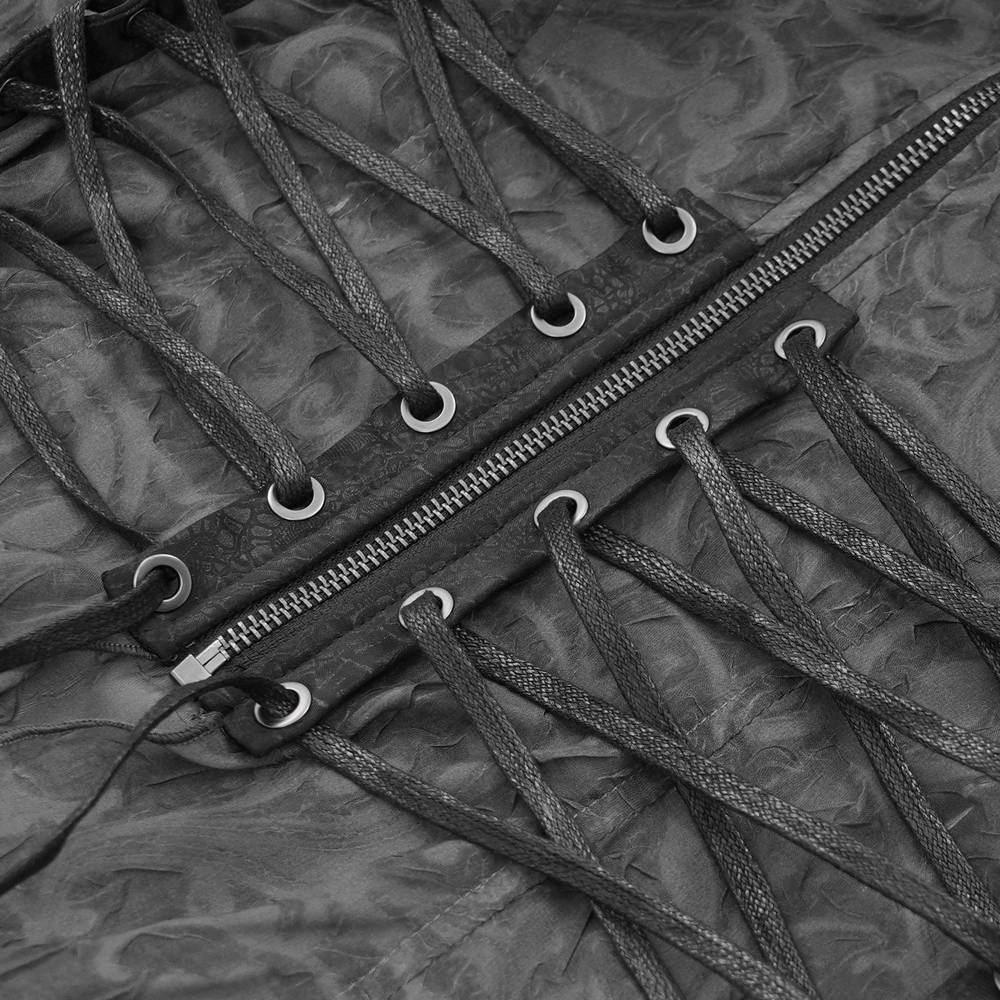 Close-up of dark goth mesh blouse lace-up waist and zipper details, showcasing gothic elegance and edgy flair.