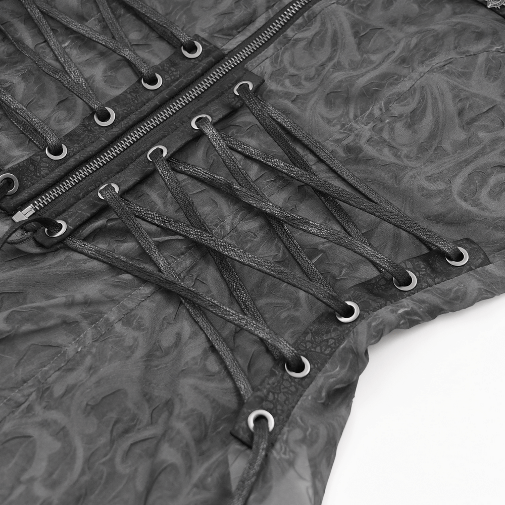 Close-up of dark goth mesh blouse lace-up corset waist and zipper front details, showcasing gothic elegance.