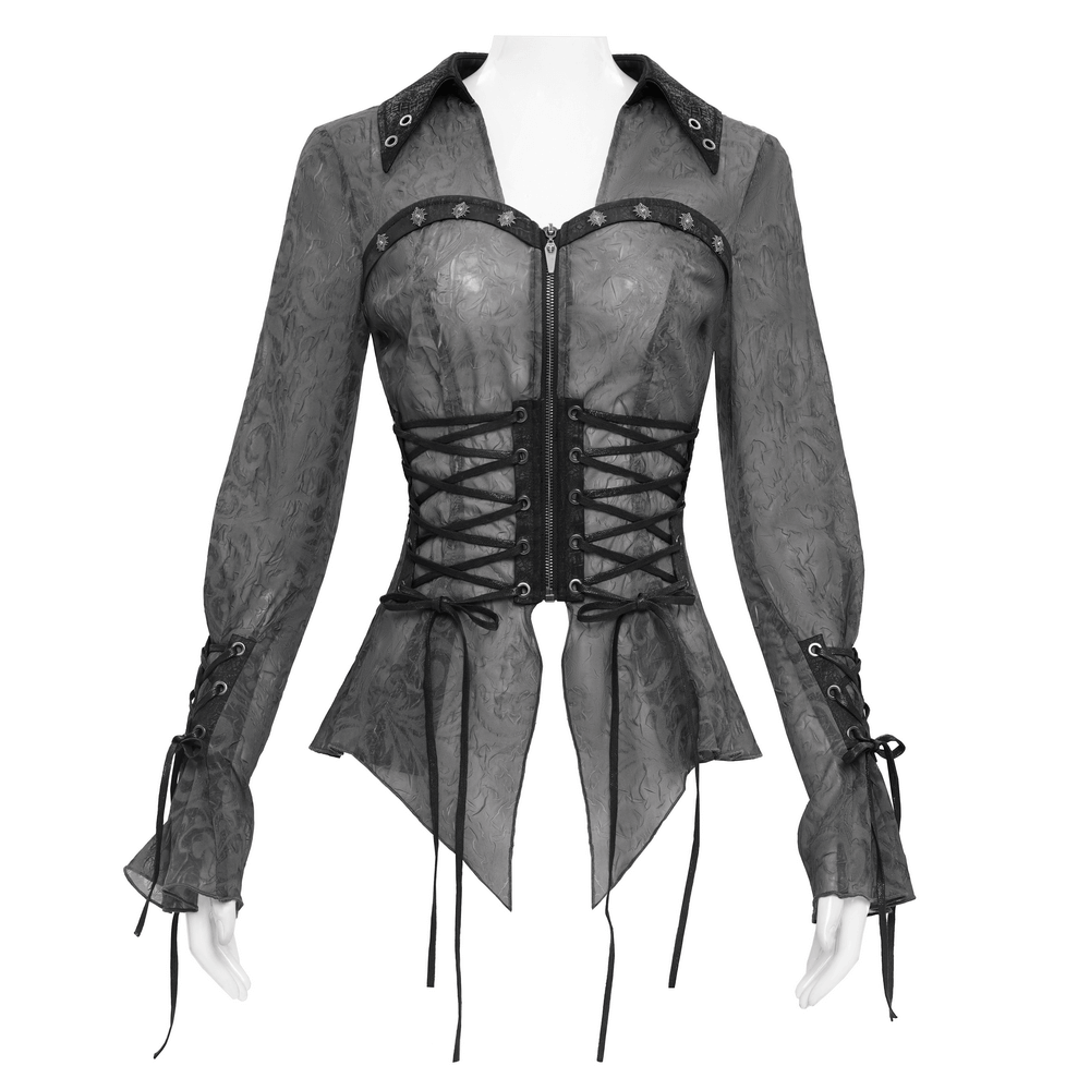 Romantic sheer gothic blouse with lace-up corset waist, zipper front, and flared sleeves in dark mesh.