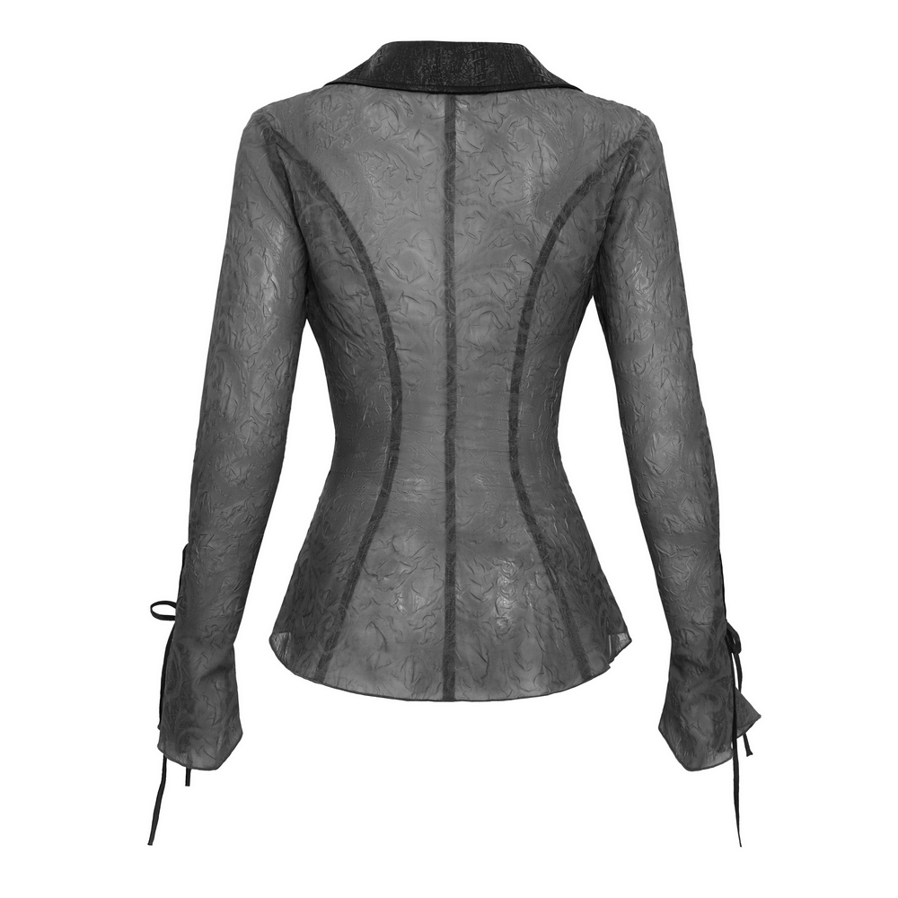 Back view of a dark goth sheer blouse with lace-up waist and flared sleeves, showcasing a floral mesh pattern.