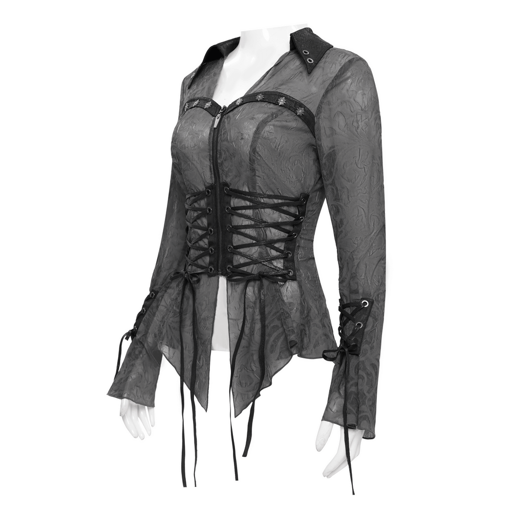 Romantic sheer gothic blouse with lace-up corset, flared sleeves, and pointed hem for edgy style.