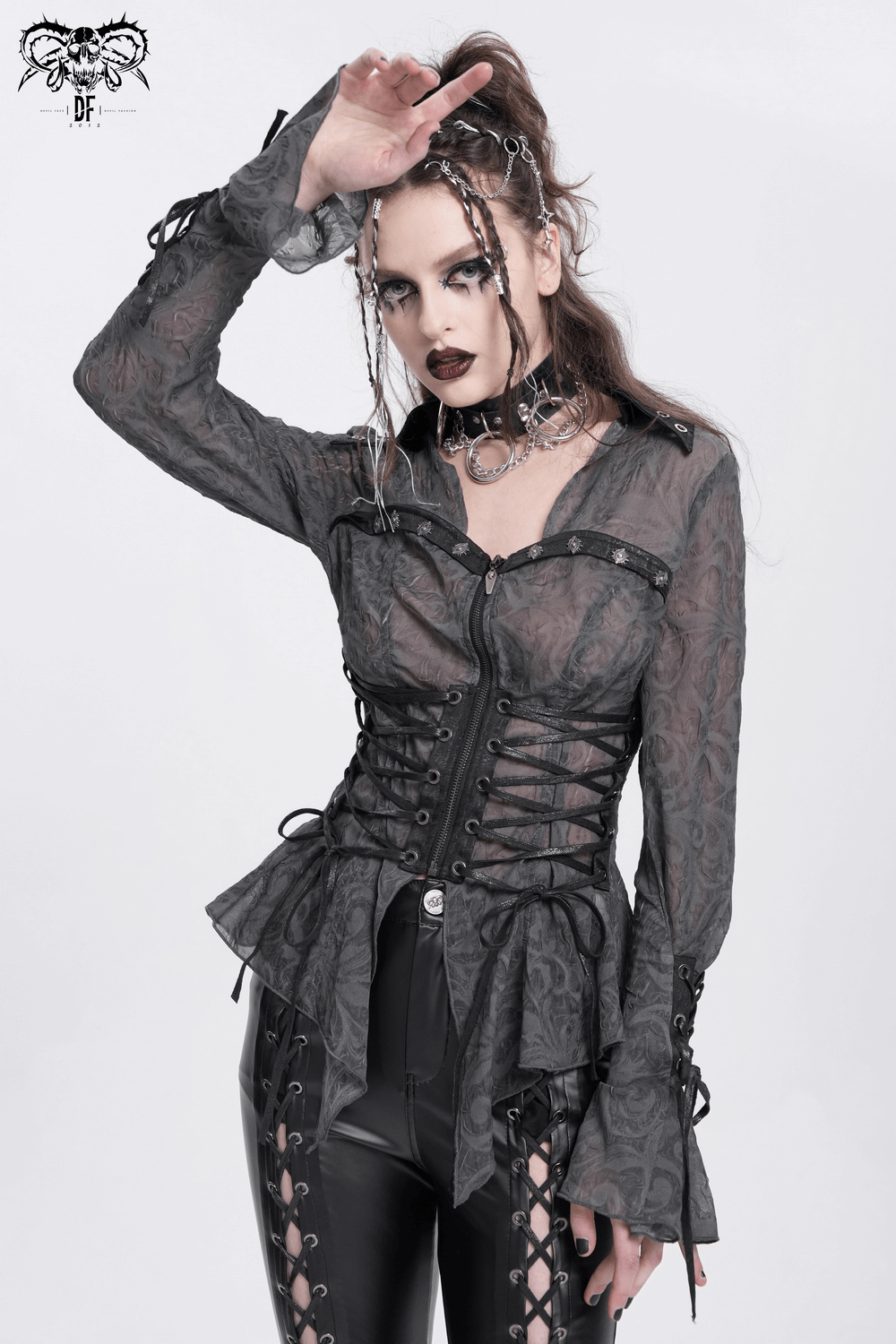 Gothic sheer blouse with lace-up corset, dramatic flared sleeves, and front zipper, perfect for alt fashion.