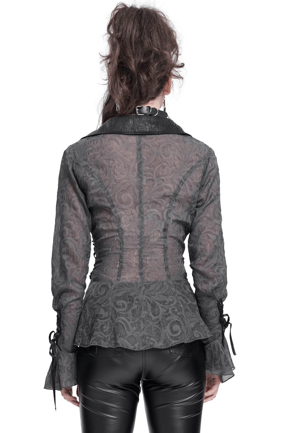 Back view of a dark goth sheer blouse with lace-up detail and flared sleeves, showcasing a romantic, edgy style.