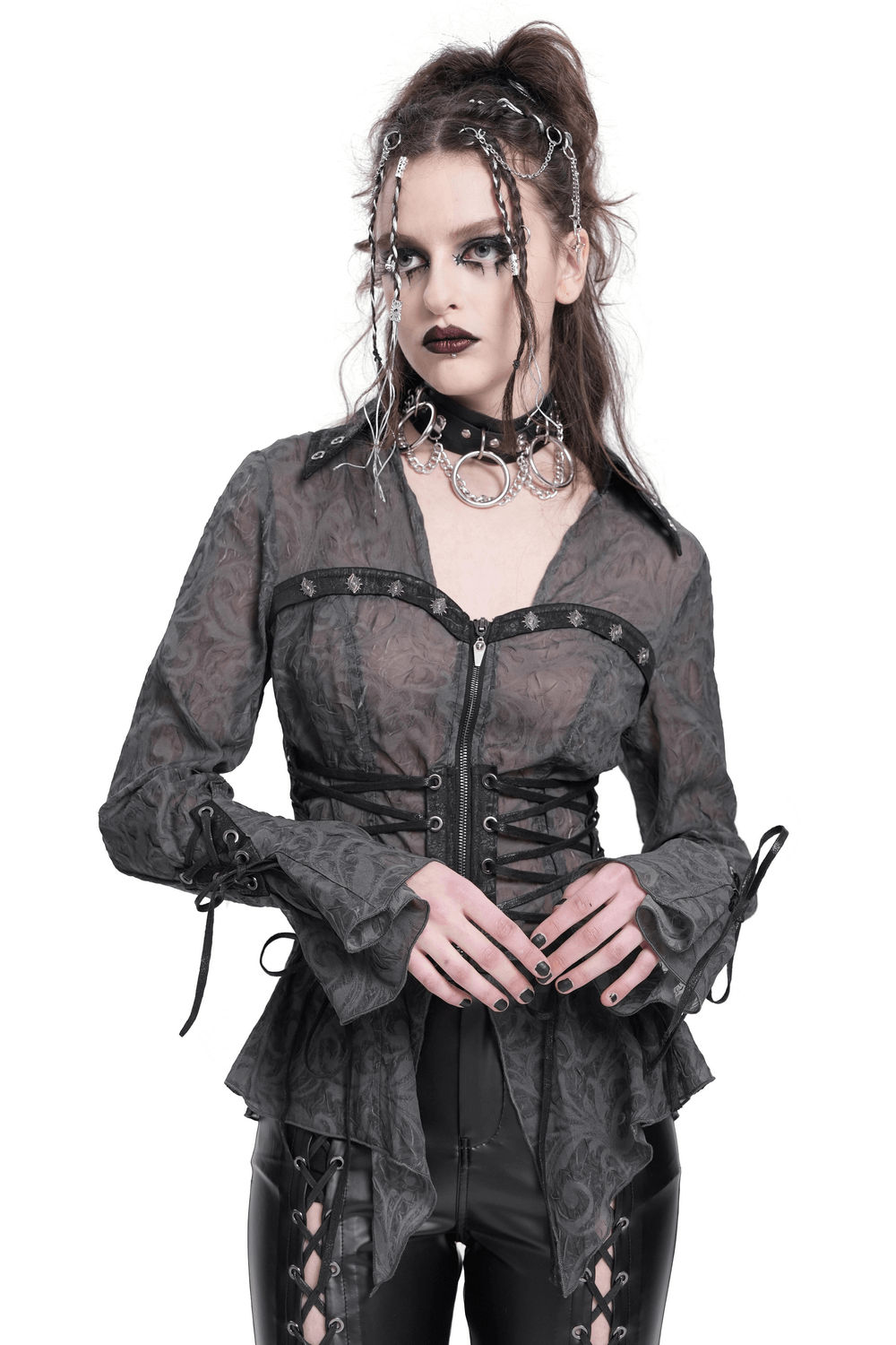 Dark gothic sheer blouse with lace-up waist, zipper front, flared sleeves, and floral mesh pattern.