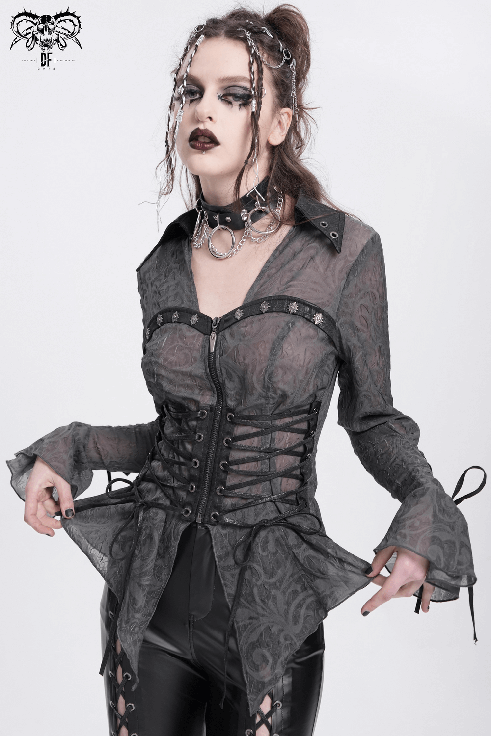 Romantic sheer black mesh blouse featuring lace-up waist, flared sleeves, and pointed hem for gothic elegance.