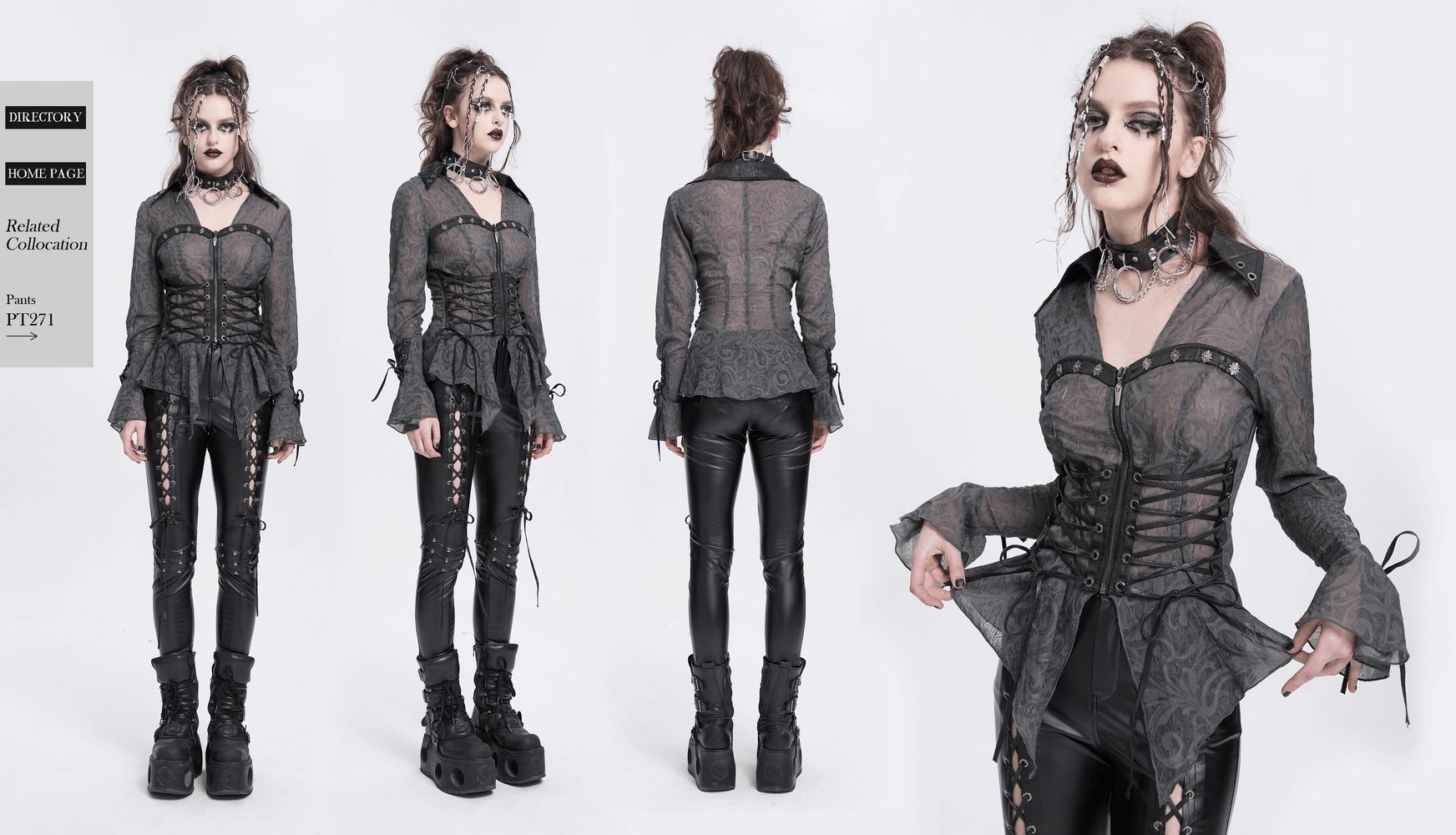 Romantic sheer blouse with lace-up waist and flared sleeves, perfect for gothic elegance and alt fashion.