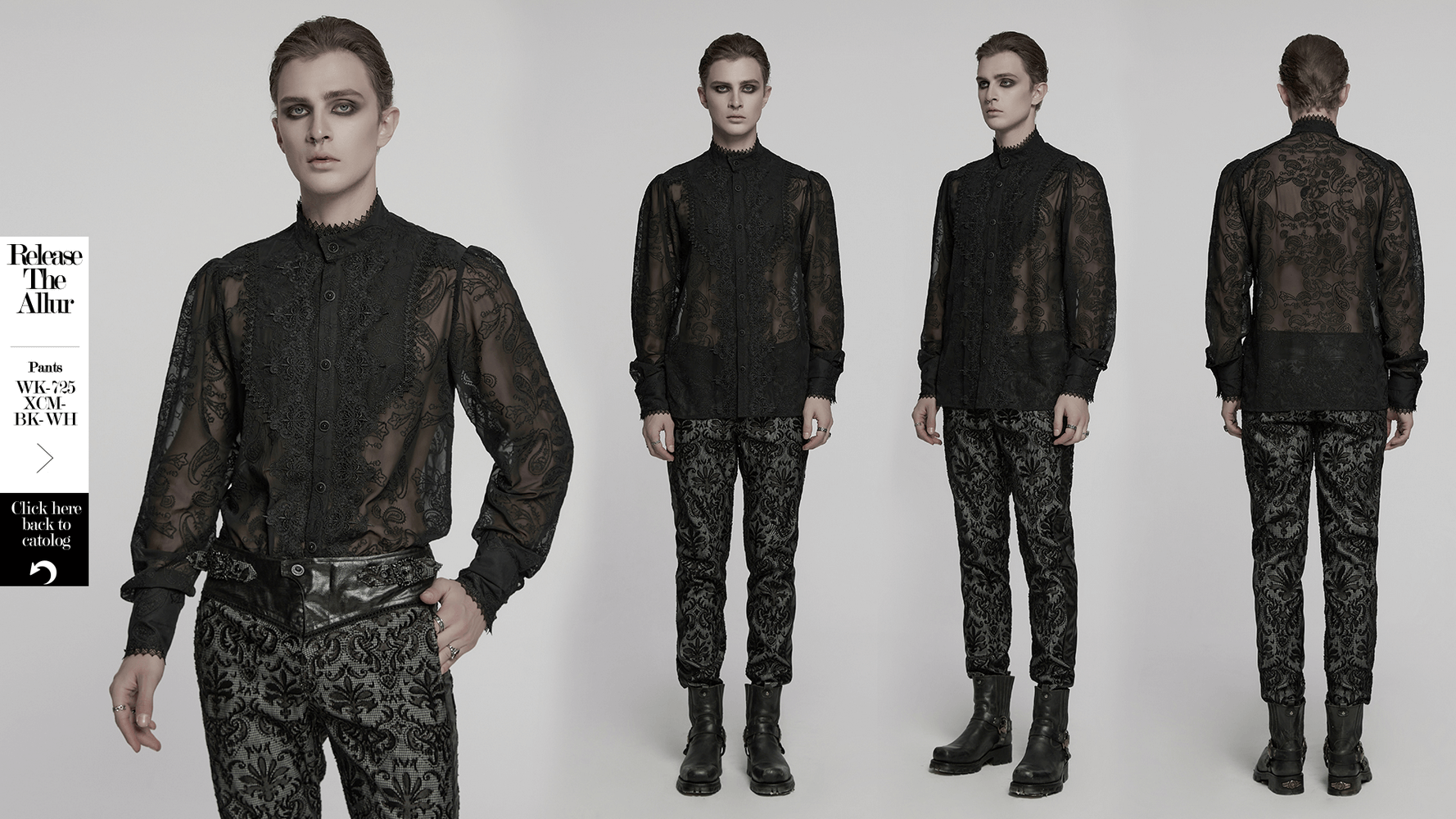 Goth romantic sheer embroidered chiffon shirt with lace detail, featuring a cashew flower pattern and stylish black pants.