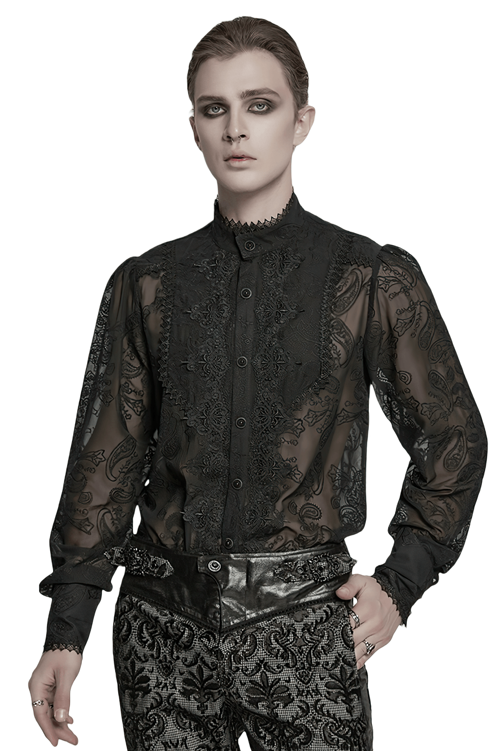 Gothic romantic sheer chiffon shirt with embroidered lace detail, featuring a delicate cashew flower pattern.