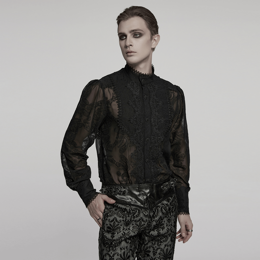Gothic romantic sheer chiffon shirt with embroidered cashew flower detail and lace, perfect for a confident aesthetic look.