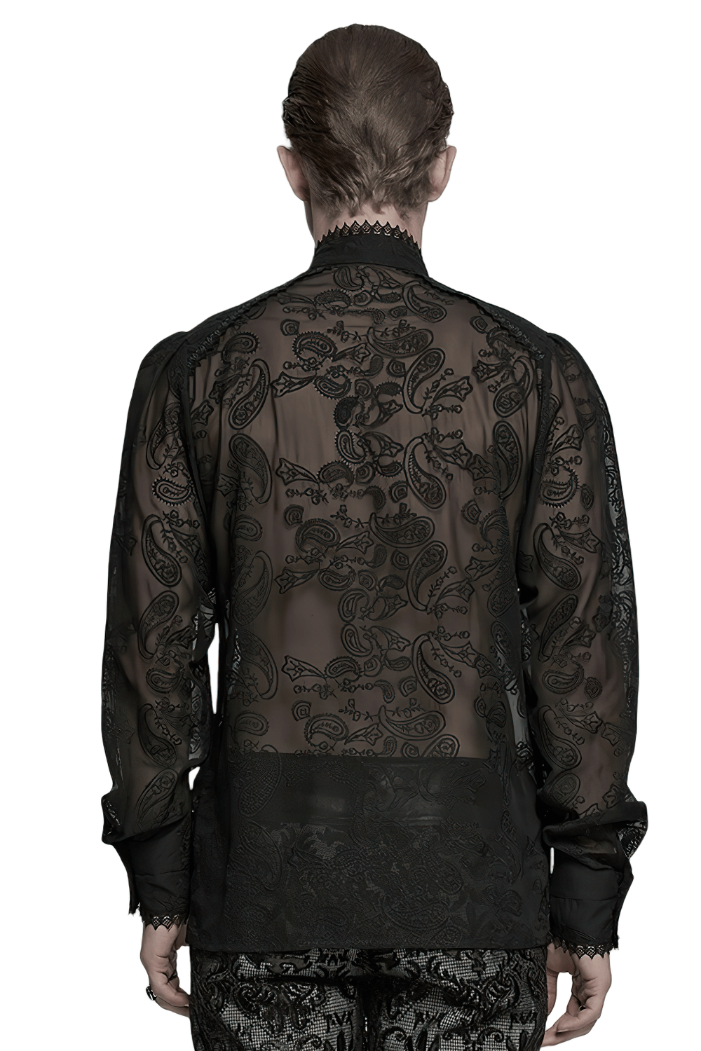 Back view of a romantic sheer embroidered chiffon shirt with lace detail and cashew flower pattern.