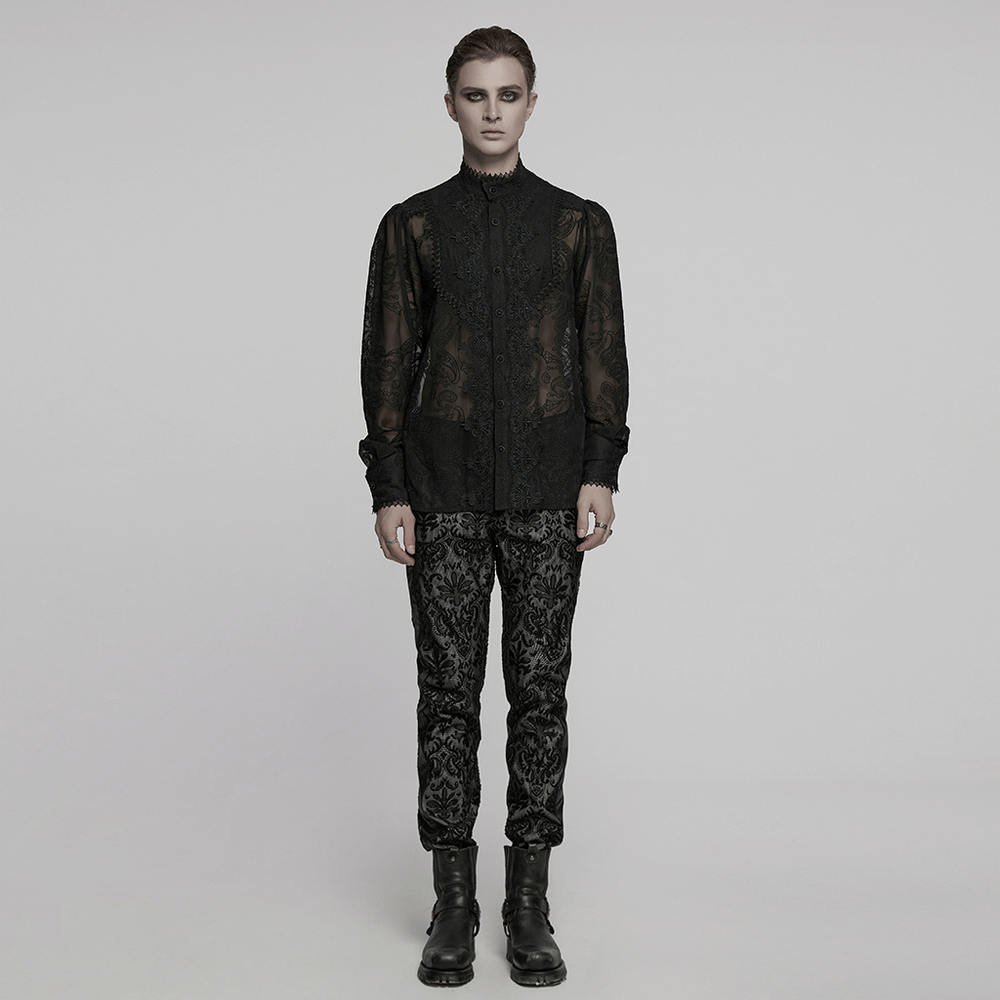 Gothic sheer embroidered chiffon shirt with lace detail, paired with intricate patterned trousers for a mysterious and elegant look.