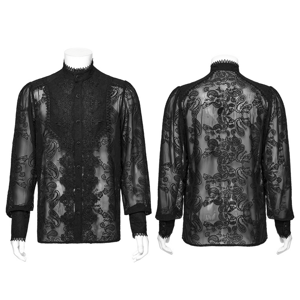Romantic sheer black chiffon shirt with lace detail and embroidered cashew flower pattern.