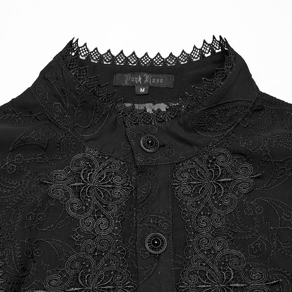 Close-up of a goth romantic chiffon shirt with embroidered cashew flower design and lace detail collar.