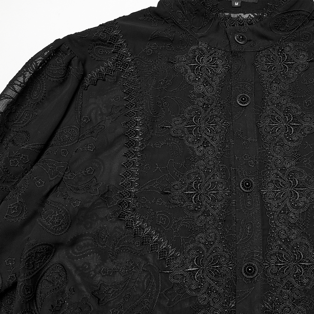 Romantic sheer black chiffon shirt featuring intricate embroidered floral pattern and lace detail.