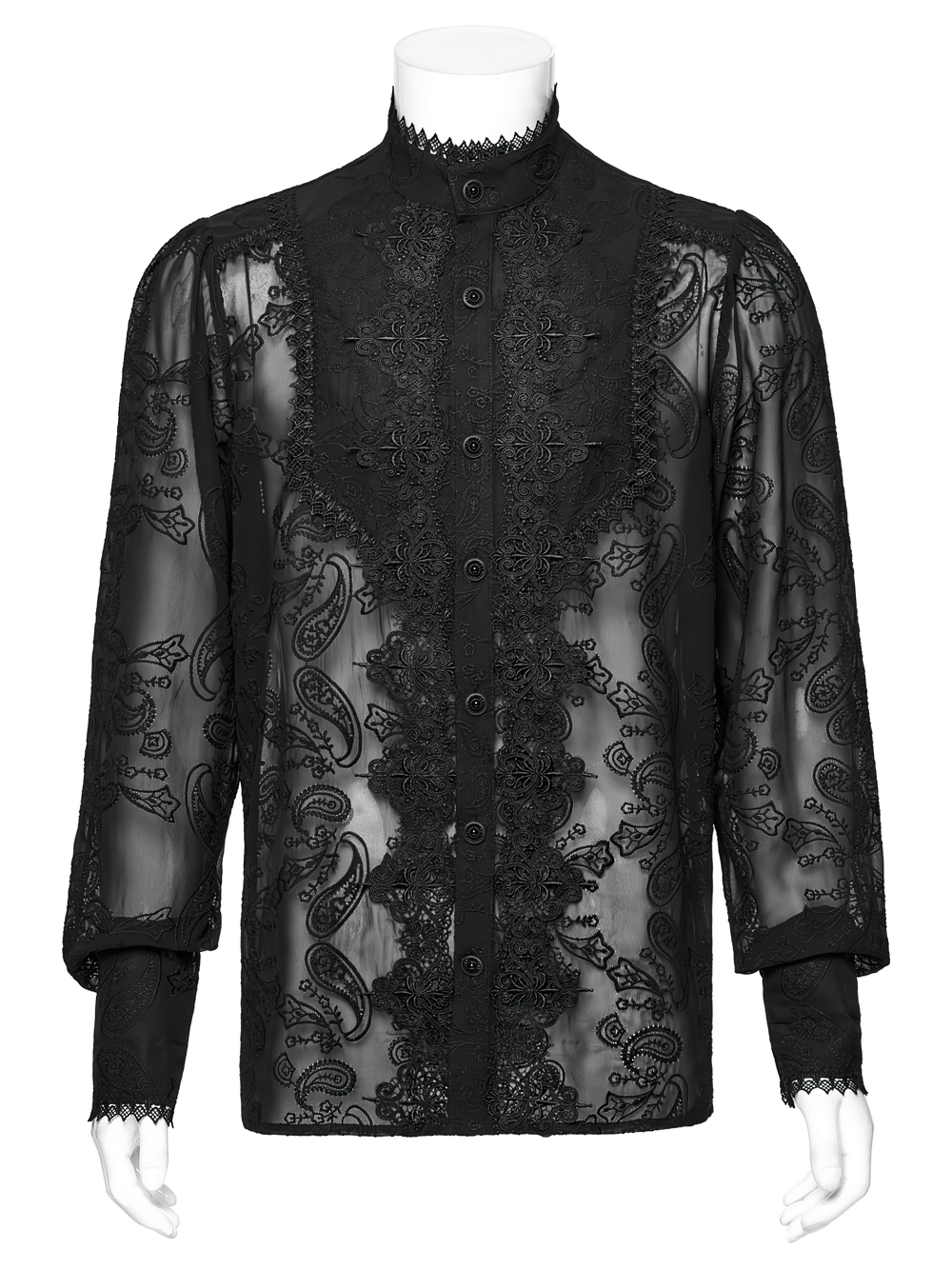 Romantic sheer black chiffon shirt with embroidered cashew flower pattern and elegant lace details.