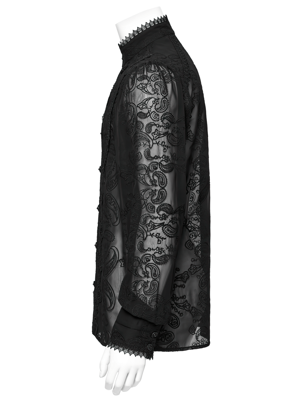 Side view of a romantic sheer black chiffon shirt with embroidered floral patterns and delicate lace detailing.