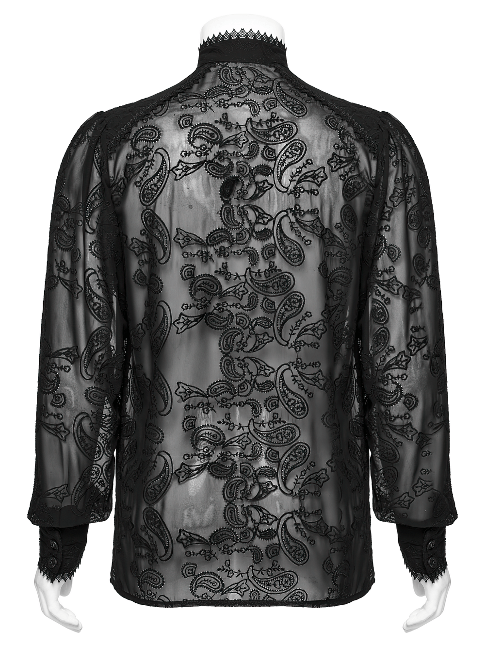 Back view of a romantic sheer black chiffon shirt featuring intricate lace and an embroidered cashew flower pattern.
