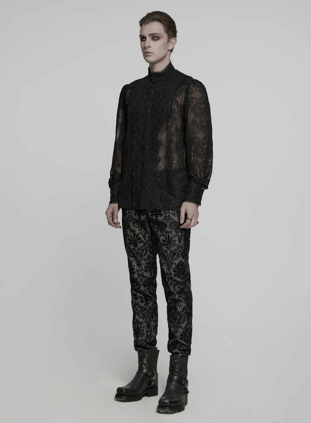 Gothic romantic sheer chiffon shirt with embroidered cashew flower pattern and elegant lace detail.