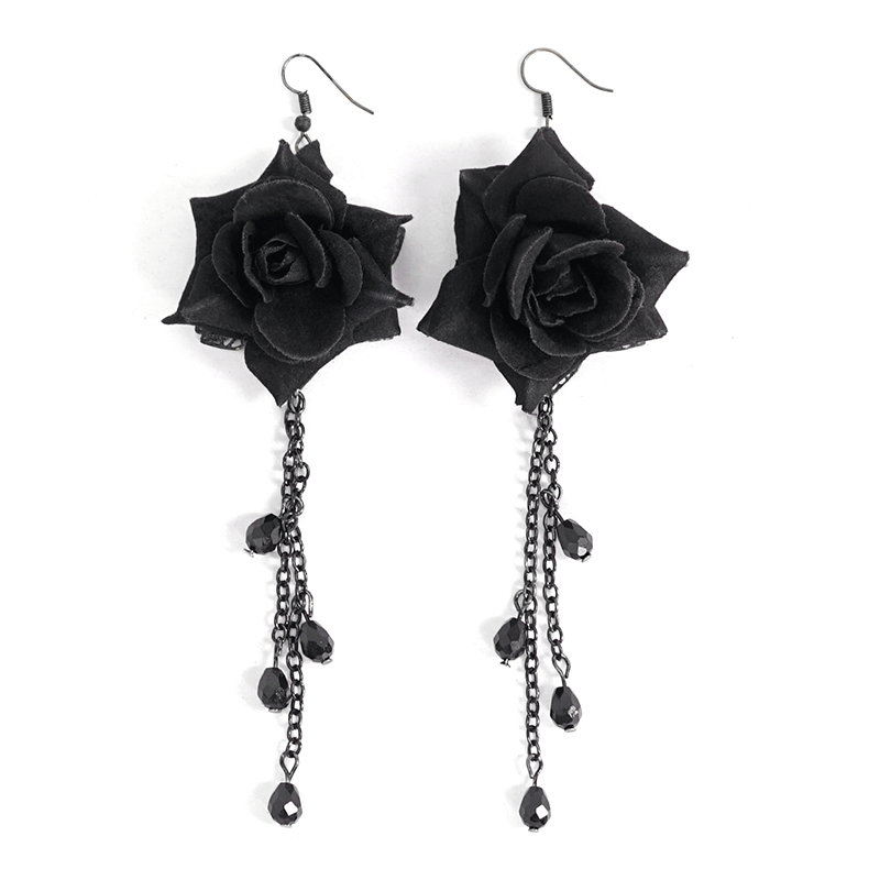 Black rose cluster earrings with chains, perfect for gothic alternative fashion style.