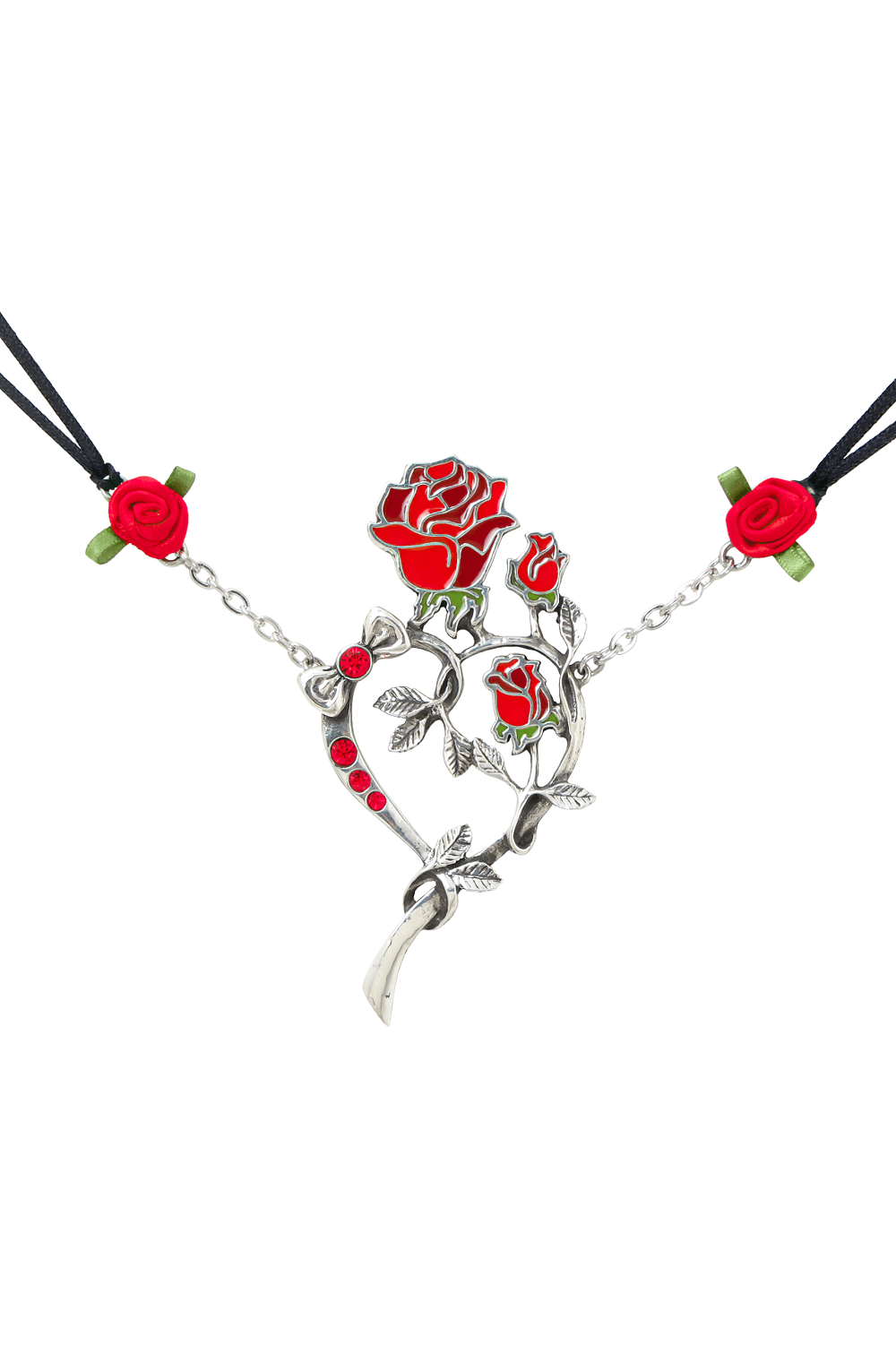 Rose Heart Necklace with Swarovski Crystals and Satin featuring vibrant red enamel roses and satin ribbons.