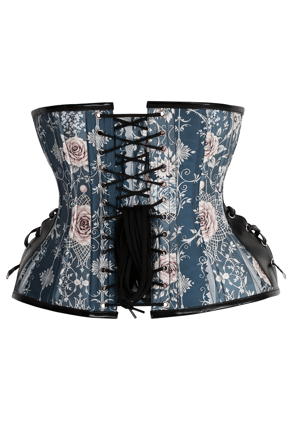 Rose Obscura Waist Trainer Corset with faux leather trims and floral design for stylish shaping.
