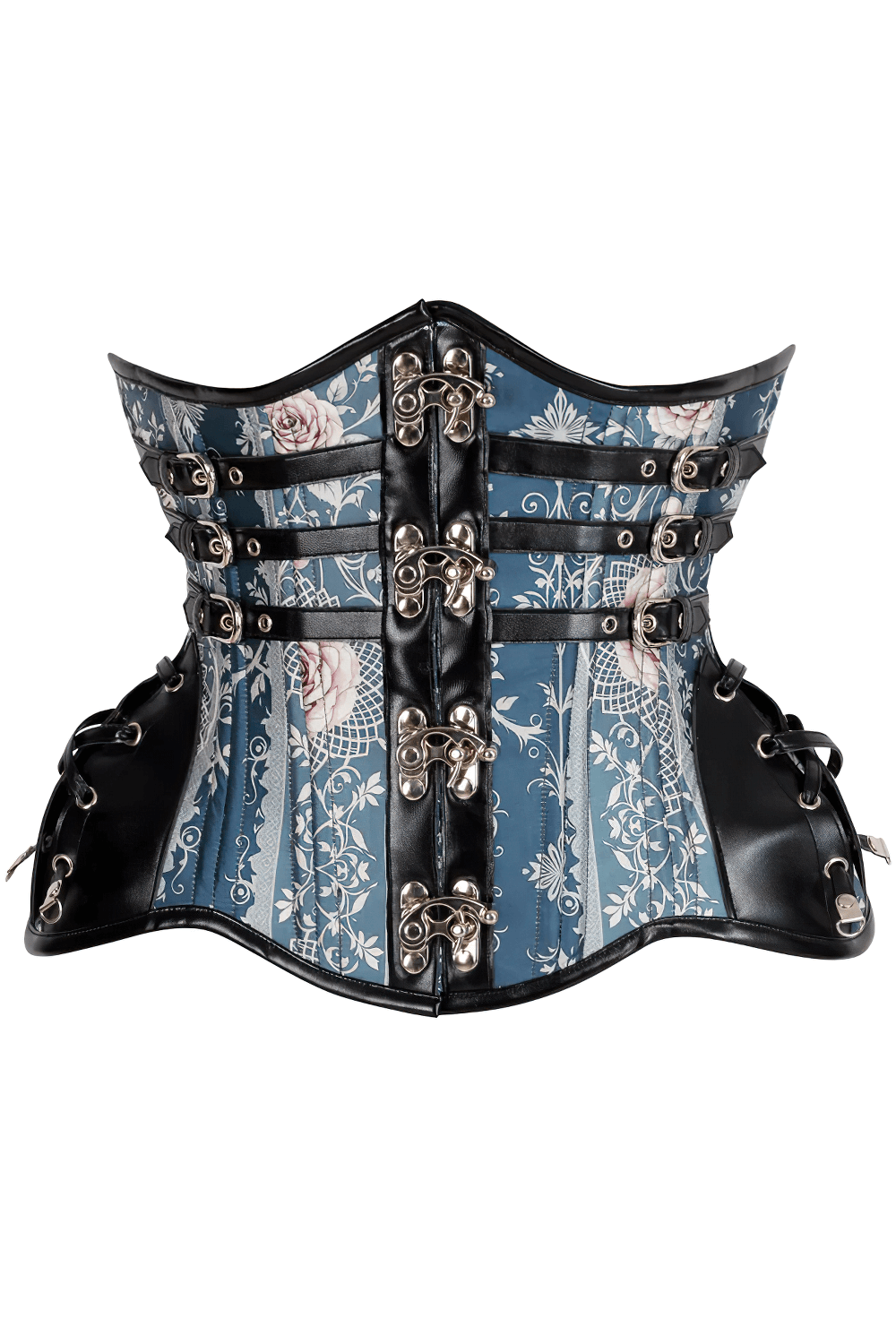 Rose Obscura Waist Trainer Corset featuring faux leather trims and floral design, perfect for shaping and style.